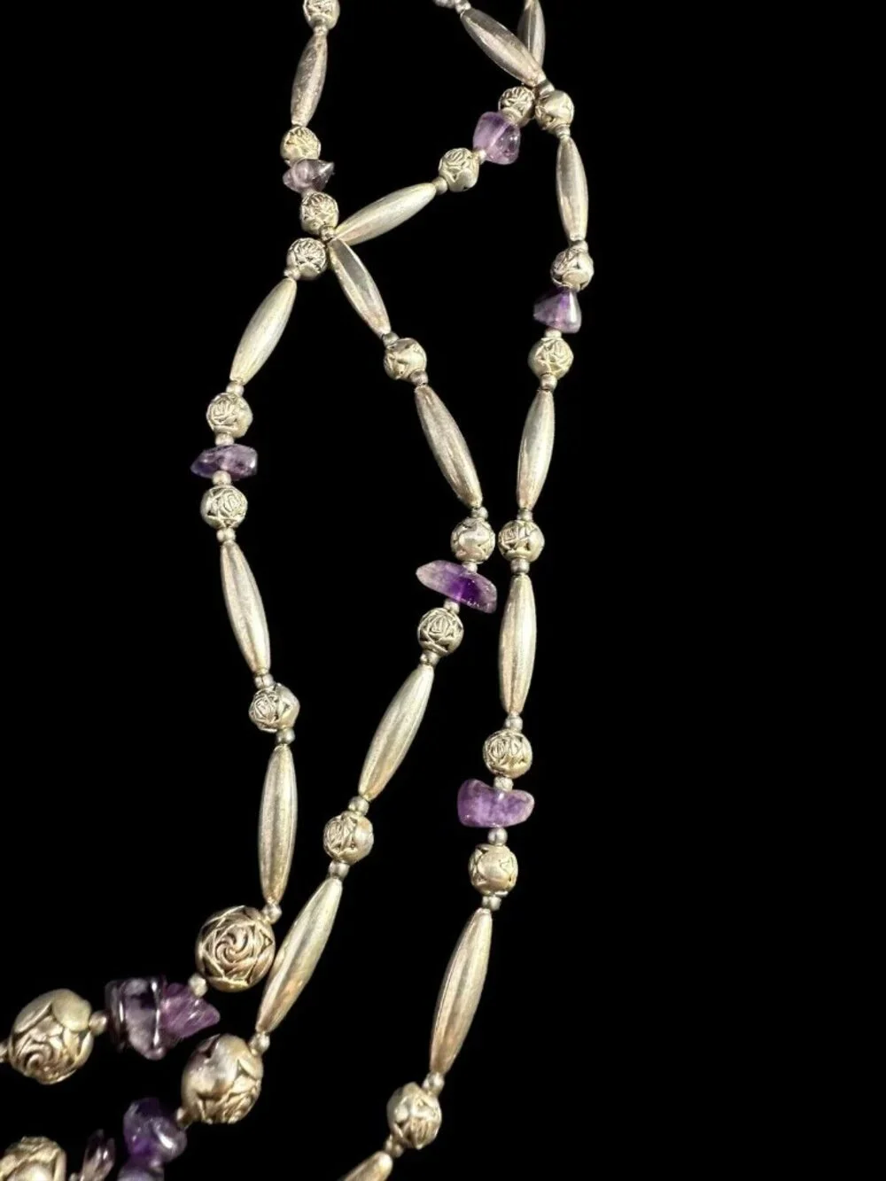 Jewelry Set Sterling Silver Amethyst Three Strand Necklace Dangle Earrings